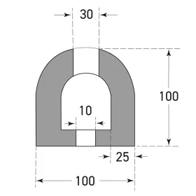 Perfil del tope parachoques de goma de 100 × 100 mm, con paredes de 25 mm